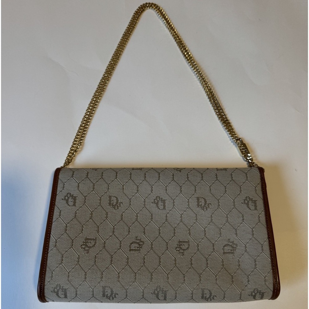 Christian Dior Honeycomb Canvas Chain Shoulder Bag PVC Beige Brown Leather Auth - Picture 7 of 13